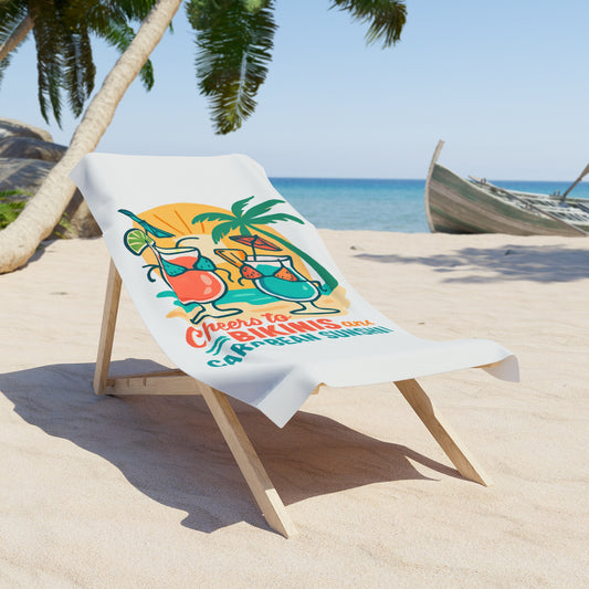 Beach Towel — "Cheers to Bikinis and Caribbean Sunshine" Tropical Cocktail Design