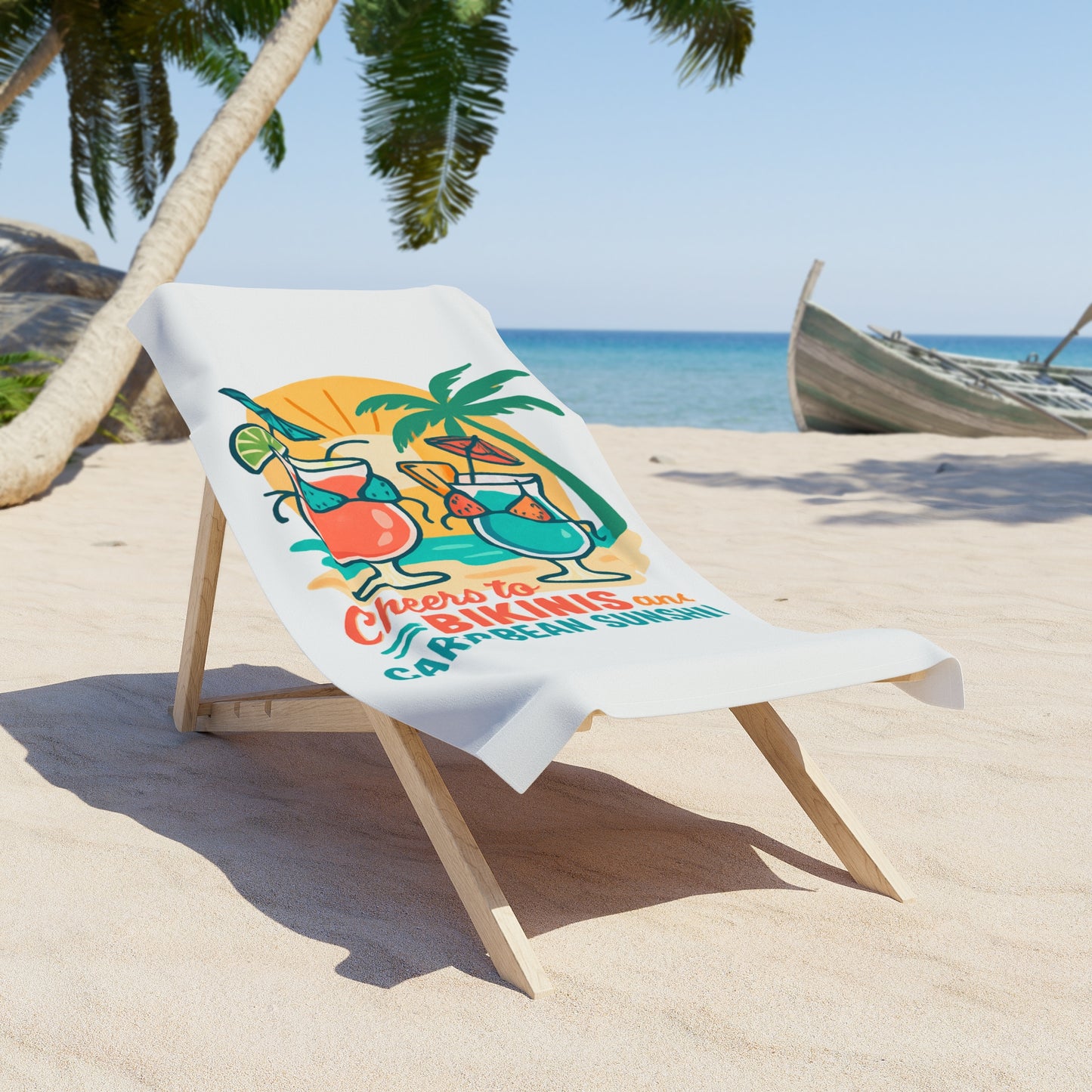 Beach Towel — "Cheers to Bikinis and Caribbean Sunshine" Tropical Cocktail Design