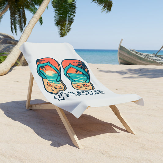 Beach Towel — "Life's Better in Flip-Flops" Tropical Design