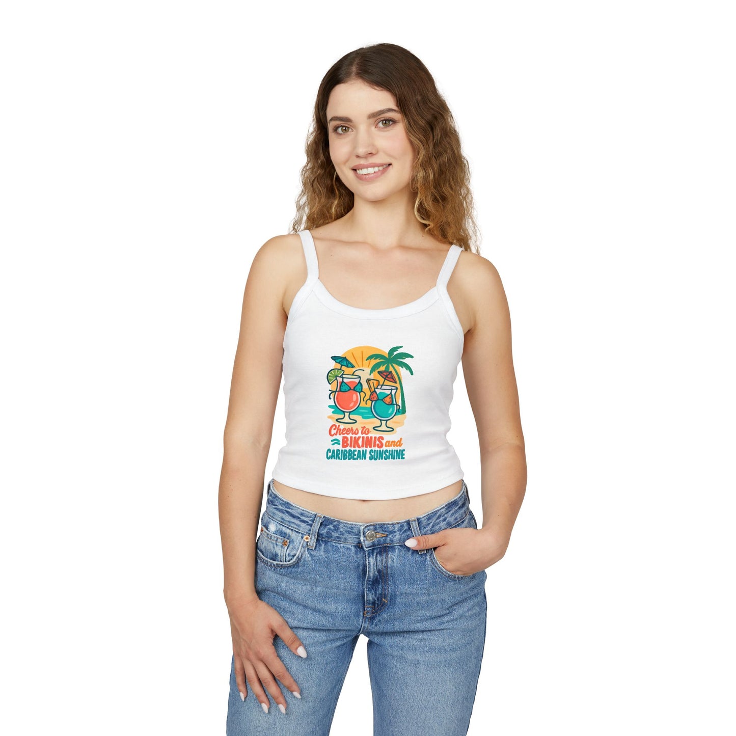 Women's Spaghetti Strap Tank Top - Cheers to Bikinis and Caribbean Sunshine